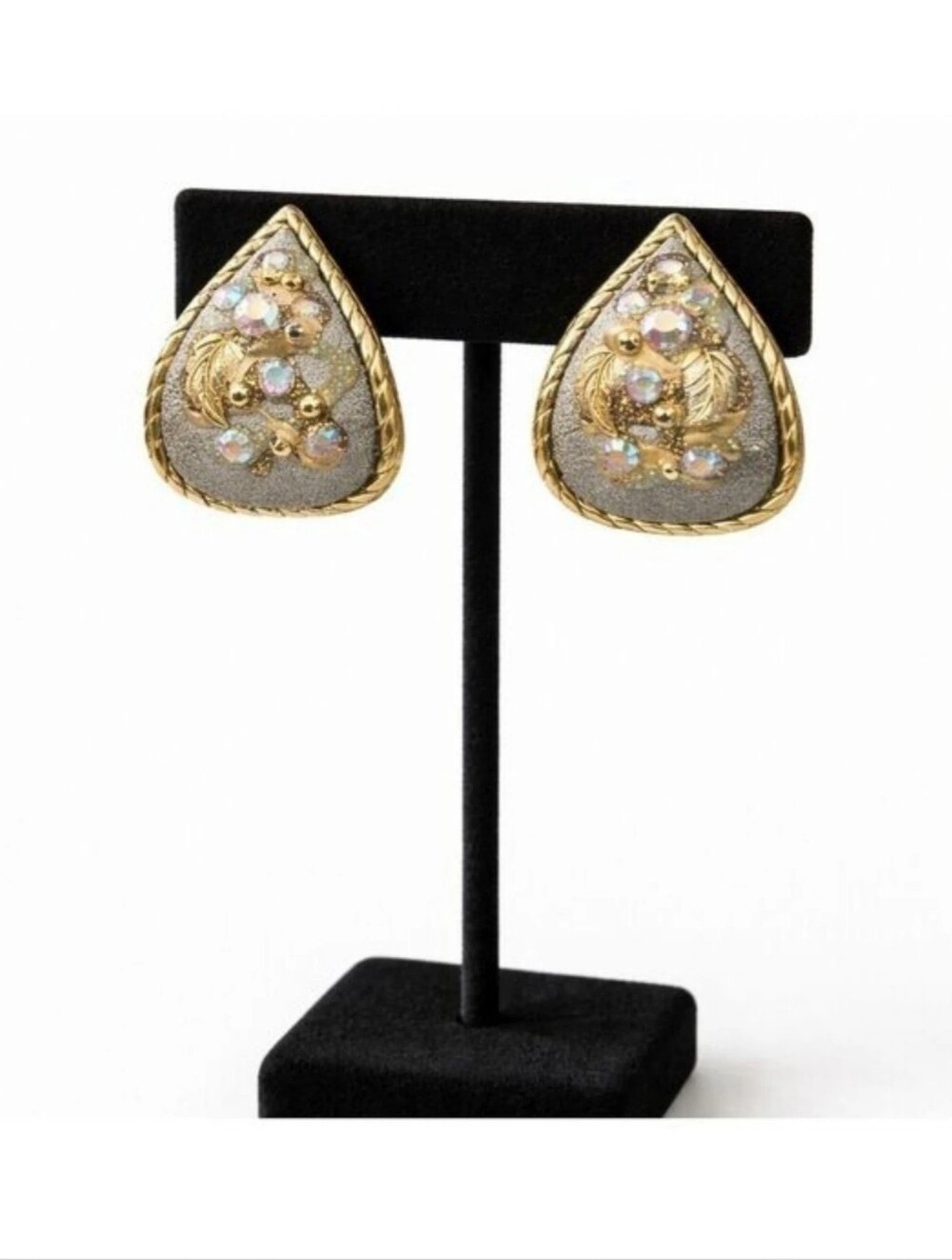 Vintage Gold Tone Teardrop Rhinestone Aurora Borealis Crystal Earrings